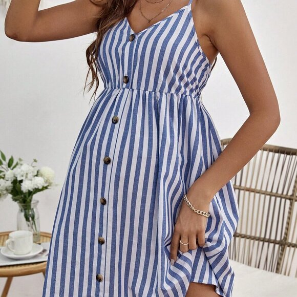 Blue And White Casual Women's Maternity Striped Print Button Front Cami Dress - Picture 1 of 5